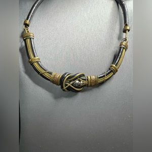 Alexis Kirk 16” Black Leather, Copper & Brass Necklace 1970’s.